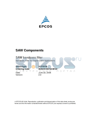 B39234-X6756-M100 datasheet - SAW bandpass filter Bandpass Filter for Digital Cable Applications