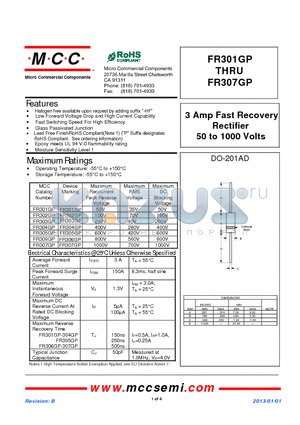 FR301GP_13 datasheet - 3 Amp Fast Recovery Rectifier 50 to 1000 Volts