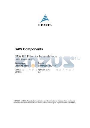 B39272B5122U410 datasheet - SAW RF Filter for base stations UMTS Band VII RF Tx