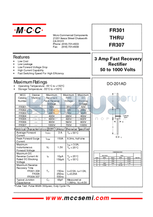 FR303 datasheet - 3 Amp Fast Recovery Rectifier 50 to 1000 Volts