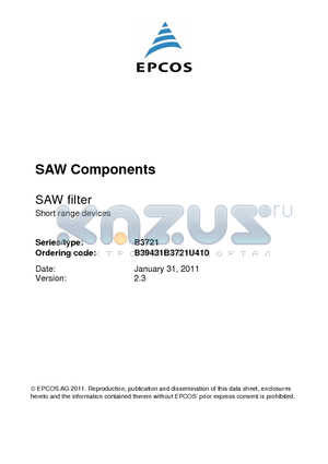 B39431B3721U410 datasheet - SAW filter Short range devices