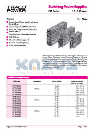 ESP18-05SN datasheet - Switching Power Supplies (ESP Series 18 - 150 Watt)