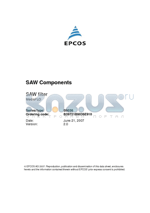 B39721B9036E910 datasheet - SAW Components SAW filter MediaFLO