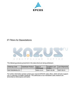 B39730-B3863-U210 datasheet - SAW Components Low-Loss Filter 72,9746 MHz