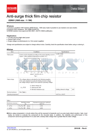 ESR01 datasheet - Anti-surge thick film chip resistor