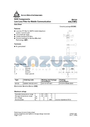 B39841-B4122-U410 datasheet - SAW Components Low Loss Filter for Mobile Communication 836,5 MHz