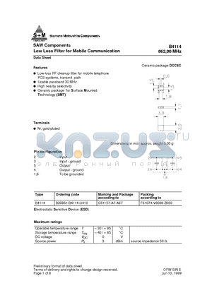 B39861-B4114-U410 datasheet - SAW Components Low Loss Filter for Mobile Communication 862,00 MHz