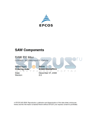 B39881B9456P810 datasheet - SAW RX filter GSM850 / WCDMA band V / Cellular