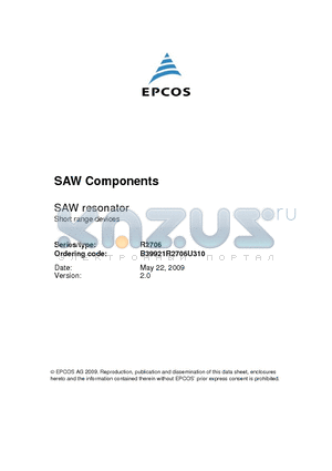 B39921R2706U310 datasheet - SAW Components SAW resonator Short range devices