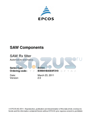 B39941B4304F210 datasheet - SAW Rx filter Automotive telematics