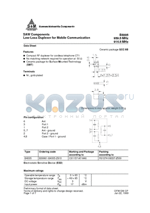 B39961-B4005-Z810 datasheet - SAW Components Low-Loss Duplexer for Mobile Communication 959.5 MHz