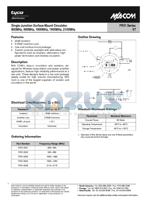 FR31-0002 datasheet - Single Junction Surface Mount Circulator 800MHz, 900MHz, 1800MHz, 1900MHz, 2100MHz