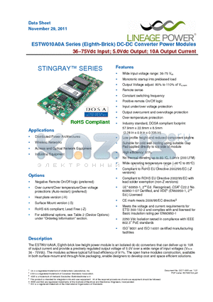 ESTW010A0A41-SZ datasheet - ESTW010A0A Series (Eighth-Brick) DC-DC Converter Power Modules