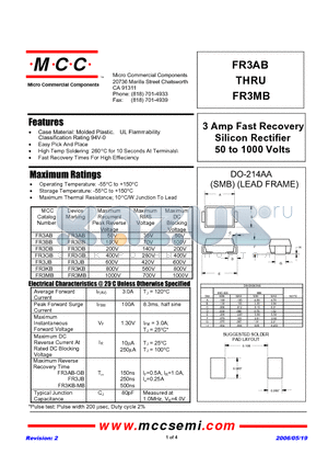 FR3KB datasheet - 3 Amp Fast Recovery Silicon Rectifier 50 to 1000 Volts