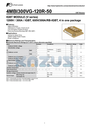 4MBI300VG-120R-50 datasheet - IGBT MODULE (V series) 1200V / 300A / IGBT, 600V/300A/RB-IGBT, 4 in one package