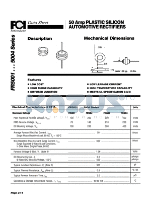 FR5001 datasheet - 50 Amp PLASTIC SILICON AUTOMOTIVE RECTIFIERS