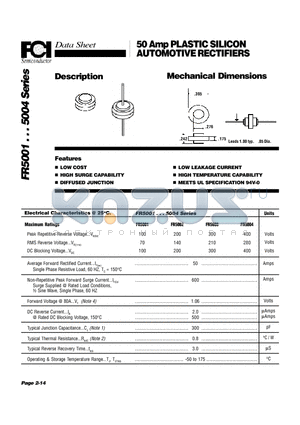 FR5004 datasheet - 50 Amp PLASTIC SILICON AUTOMOTIVE RECTIFIERS