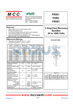 FR501 datasheet - 5 Amp Fast Recovery Rectifier 50 to 1000 Volts