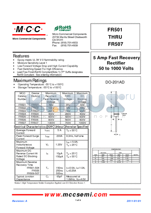 FR502 datasheet - 5 Amp Fast Recovery Rectifier 50 to 1000 Volts