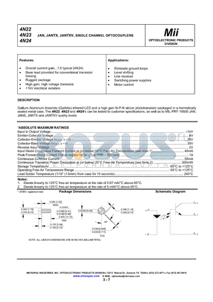 4N22 datasheet - JAN, JANTX, JANTXV, SINGLE CHANNEL OPTOCOUPLERS