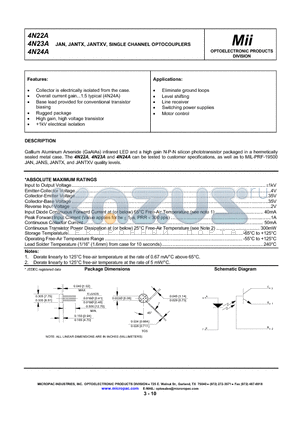 4N22A datasheet - JAN, JANTX, JANTXV, SINGLE CHANNEL OPTOCOUPLERS