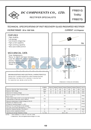 FR601G datasheet - TECHNICAL SPECIFICATIONS OF FAST RECOVERY GLASS PASSIVATED RECTIFIER