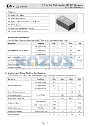 B4-2409DSH datasheet - 0.6 to 1.5 Watt Isolated DC-DC Converter Single Regulated Output