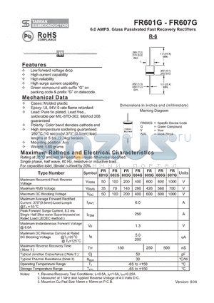 FR601G datasheet - 6.0 AMPS. Glass Passivated Fast Recovery Rectifiers