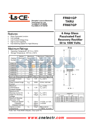 FR601GP datasheet - 6Amp glass passivated fast recovery rectifier 50 to 1000 volts