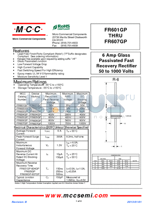 FR601GP datasheet - 6 Amp Glass Passivated Fast Recovery Rectifier 50 to 1000 Volts