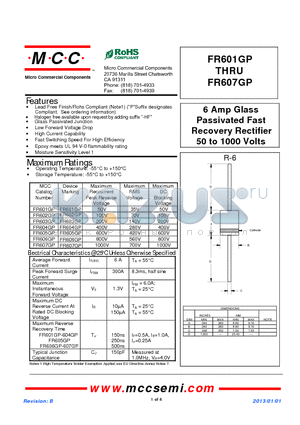 FR601GP_13 datasheet - 6 Amp Glass Passivated Fast Recovery Rectifier 50 to 1000 Volts