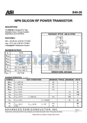 B40-28 datasheet - NPN SILICON RF POWER TRANSISTOR