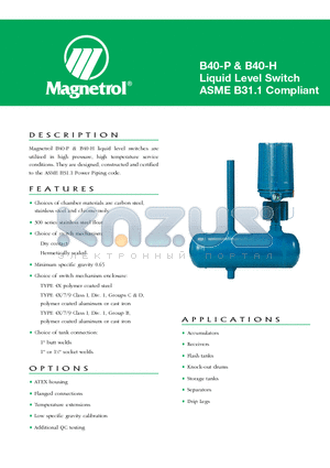 B40-HC40-RNM datasheet - B40-P & B40-H Liquid Level Switch ASME B31.1 Compliant