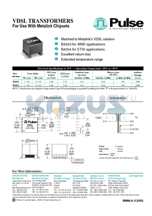 B4033 datasheet - VDSL TRANSFORMERS For Use With Metalink Chipsets