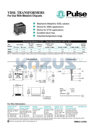 B4034T datasheet - VDSL TRANSFORMERS For Use With Metalink Chipsets