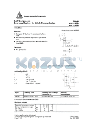 B4040 datasheet - SAW Components Low-Loss Duplexer for Mobile Communication