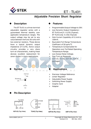 ET-TL431 datasheet - Adjustable Precision Shunt Regulator