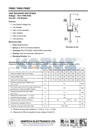 FR603 datasheet - FAST RECOVERY RECTIFIERS