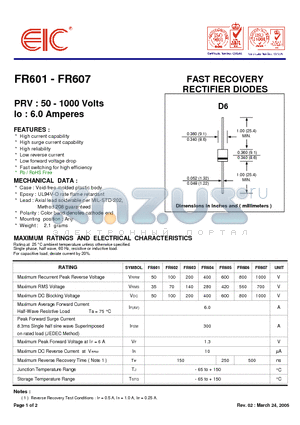 FR605 datasheet - FAST RECOVERY