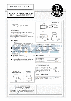 4N30 datasheet - OPTICALLY COUPLED ISOLATOR PHOTODARLINGTON OUTPUT