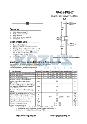 FR605 datasheet - 6.0AMP.Fast Recovery Rectifiers