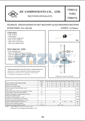 FR605G datasheet - TECHNICAL SPECIFICATIONS OF FAST RECOVERY GLASS PASSIVATED RECTIFIER