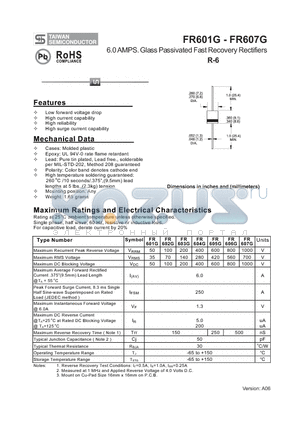 FR605G datasheet - 6.0 AMPS. Glass Passivated Fast Recovery Rectifiers