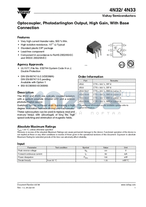 4N32-X009 datasheet - Optocoupler with Photodarlington Output