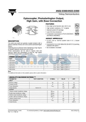 4N32-X009 datasheet - Optocoupler, Photodarlington Output, High Gain, with Base Connection
