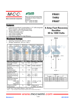 FR606 datasheet - 6 Amp Fast Recovery Rectifier 50 to 1000 Volts
