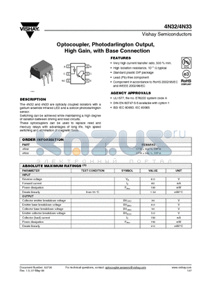 4N32_08 datasheet - Optocoupler, Photodarlington Output, High Gain, with Base Connection