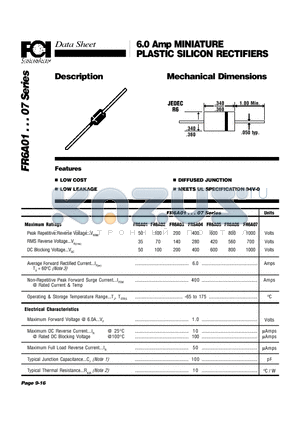 FR6A03 datasheet - 6.0 Amp MINIATURE PLASTIC SILICON RECTIFIERS