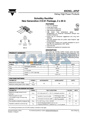83CNQ080APBF datasheet - Schottky Rectifier New Generation 3 D-61 Package, 2 x 40 A