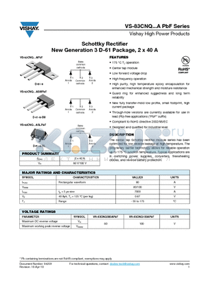 83CNQ080APBF_10 datasheet - Schottky Rectifier New Generation 3 D-61 Package, 2 x 40 A